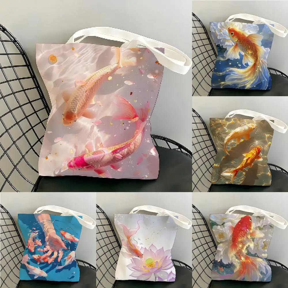 Bolsas de almacenamiento con motivos de carpa Koi y flores de loto, estilo anime. Bolsa de lona tipo tote para mujer, de gran capacidad, reutilizable, ecológica, ideal para ir de compras, con asa para llevar al hombro.