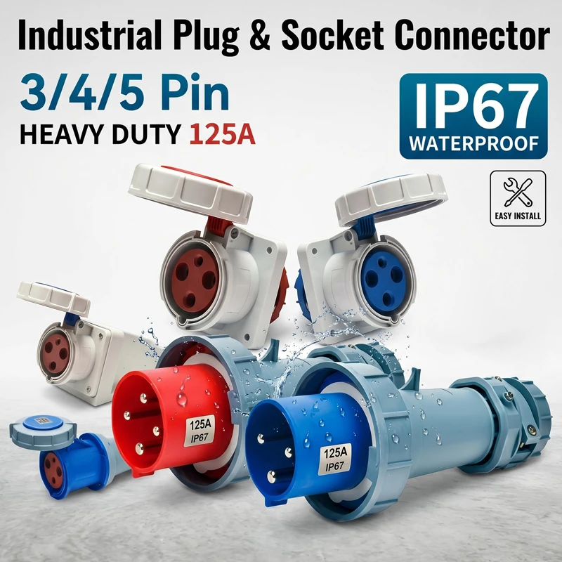 Heavy Duty 125A IP67 Industrial Plug & Socket – 3P/4P/5P 380V/415V CEE Connector, Dustproof Waterproof, Pure Copper Core