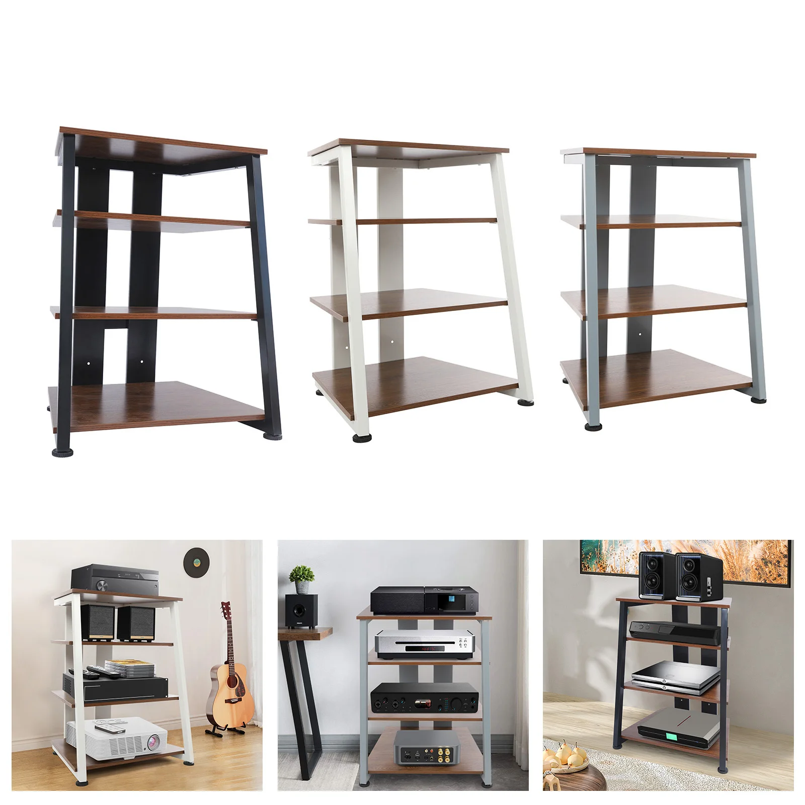 

4-уровневая подставка для AV-медиа из углеродистой стали, коричневая + серая/коричневая + белая/коричневая + черная трапеция с полками для хранения 61*51*78 см для дома