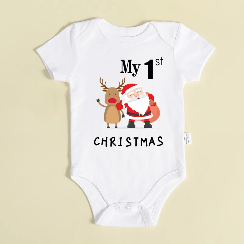 Mein 1. Weihnachten Weihnachtsmann-Elch-Print Neugeborenen-Strampler mit kurzen Ärmeln, süßer roter Baumwoll-Baby-Body für Jungen und Mädchen – Detail 3