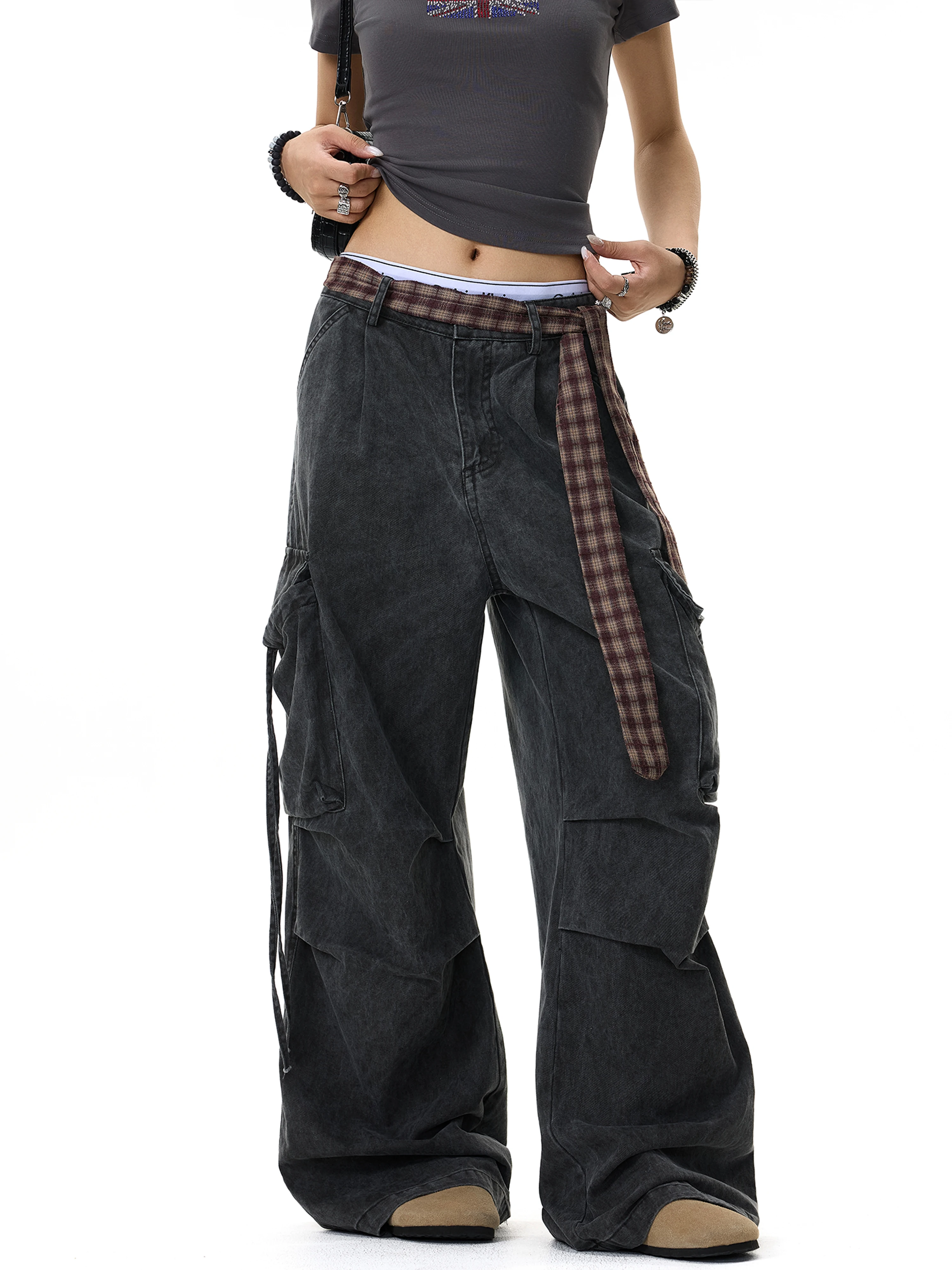 Retro American Design Sensation Work Pants with Large Pockets Pleated Casual Loose Wide Leg Washed Long Trousers for Men And ...