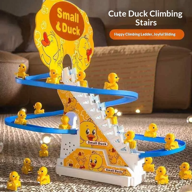 Small Duck Yellow Duck Stair Climbing Toy Electric Track Roller Coaster With Light And Music For Toddler Baby 1 Year Old Kids