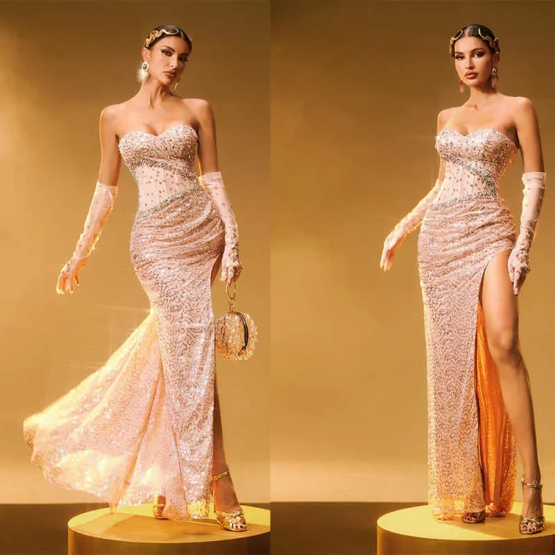 

Vintage Strapless Prom Dresses Sequins Beaded Evening Dress Side Slit Floor Length Celebrity Party Gown Customized