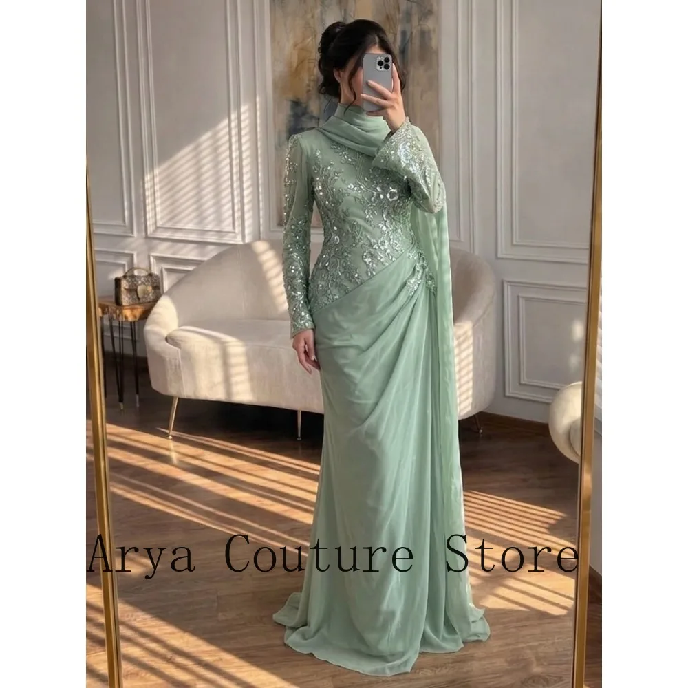 Customized Sage Green High Neck Long Sleeve Beaded Ruched Mermaid Maxi Evening Dress With Hijab Women Prom Wedding Guest Gown