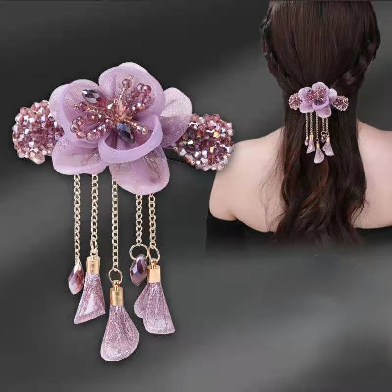 Fashion Tassels Flower Hairpin Hair Accessories for Women Retro Elegant Zircon Silk Spring Clips Mom\'s Headwear Jewelry Gifts