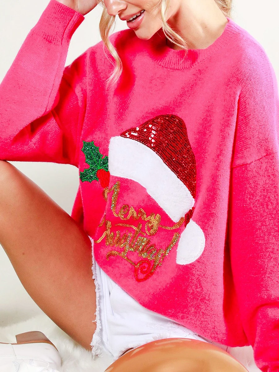 Women s Christmas Sweaters Sequin Santa Hat Pattern Long Sleeve Round Neck Loose Pullover Knit Tops