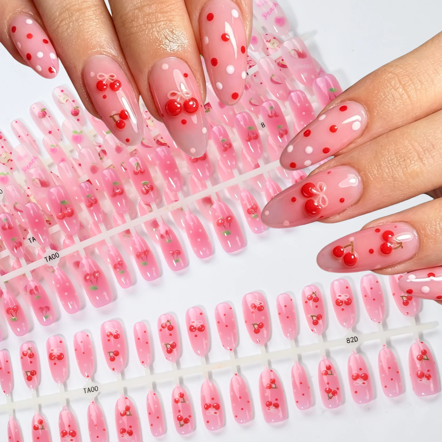

150PCS Pink Cherry Press On Nails Cute Fruit Pattern Fake Nails Glossy Oval False Nails for Daily Wear Date & Summer Manicure *#