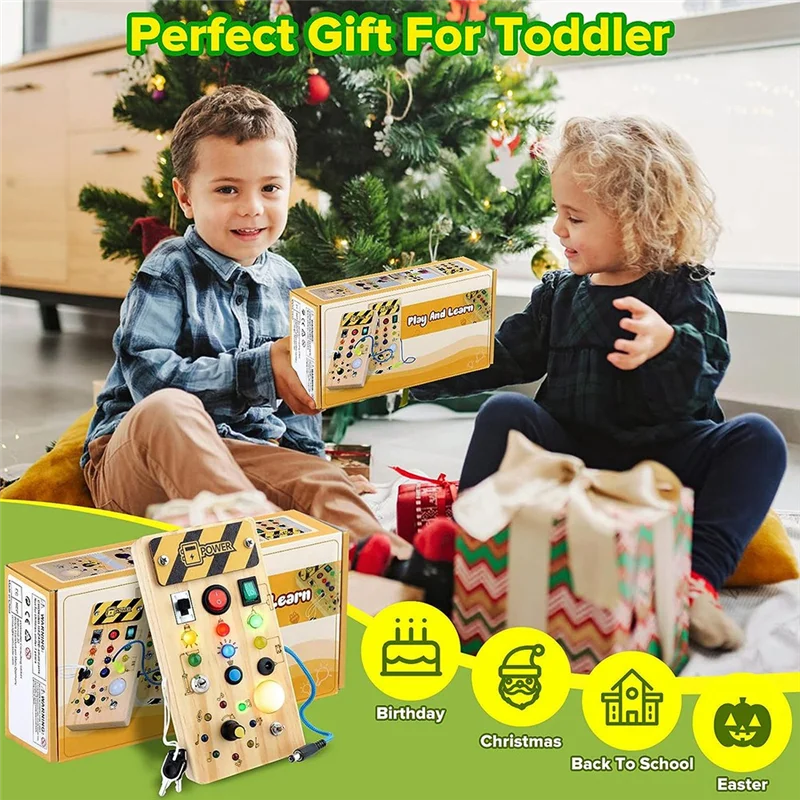 Wooden Busy Board Toys para Toddlers, Brinquedo com interruptor de luz, Natal e aniversário