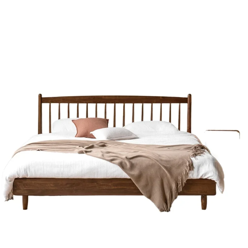 

Nordic black walnut solid wood simple modern master bedroom small apartment oak cherry wood shelf bed