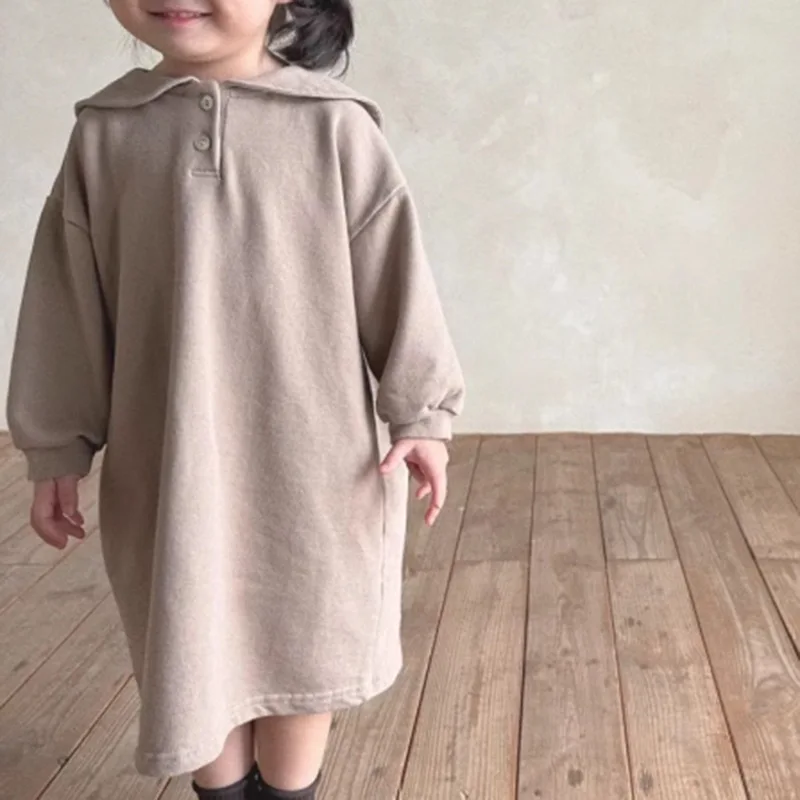 

2025 Autumn New Girls Long Sleeve Loose Dress Solid Baby Preppy Style Lapel Dress Cotton Children Clothes Kids Casual Dress