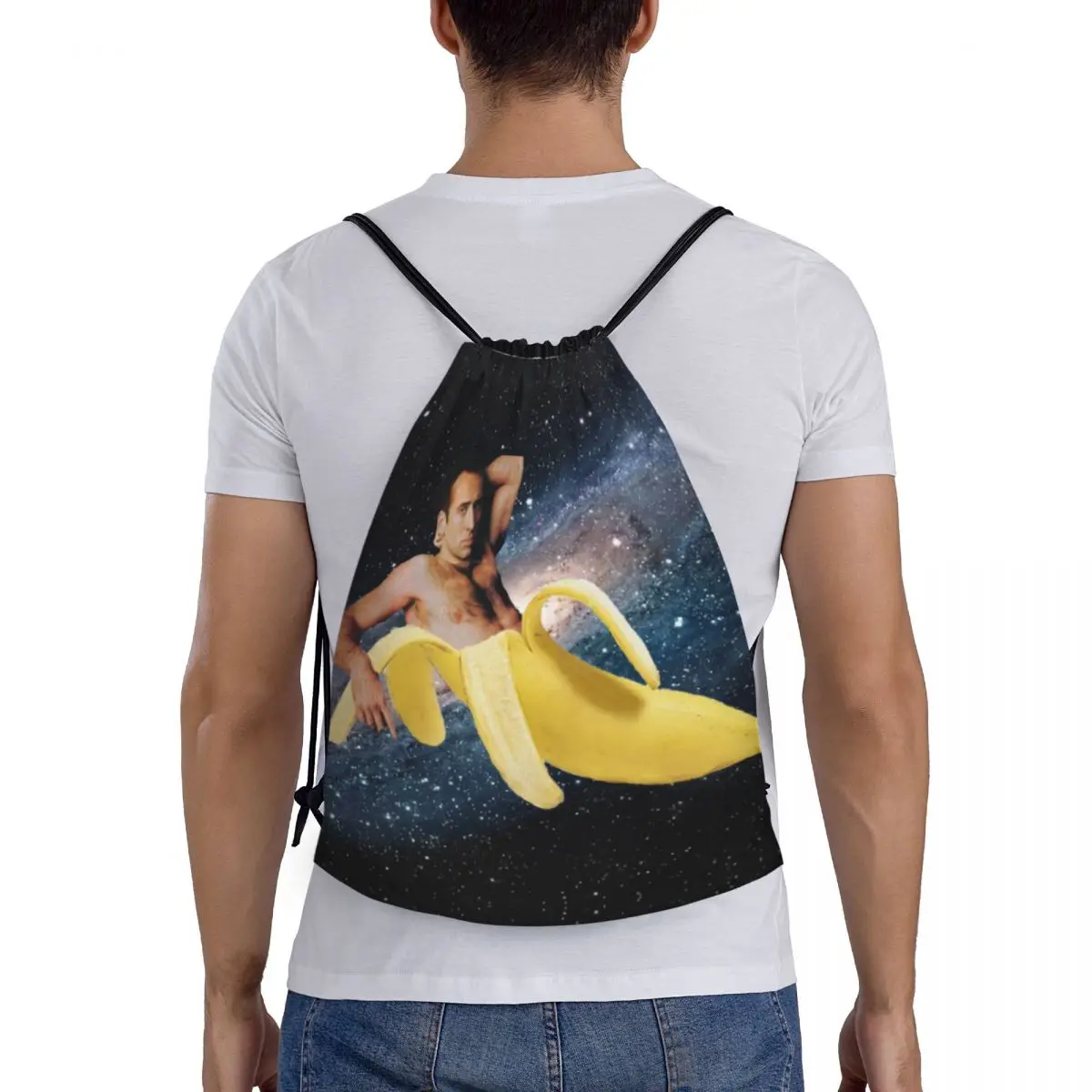 Custom Nicolas Cage In A Banana Drawstring Bags for Shopping Yoga Backpacks Women Men Space Sports Gym Sackpack