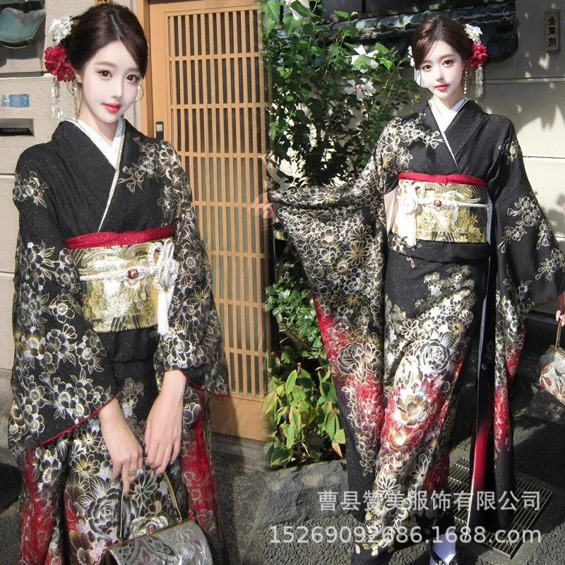 

Woman Japanese Traditional Yukata Kimono with Black Obi Printed Yukata Haori Cosplay Stage Show Costume Vintage Asian Clothing
