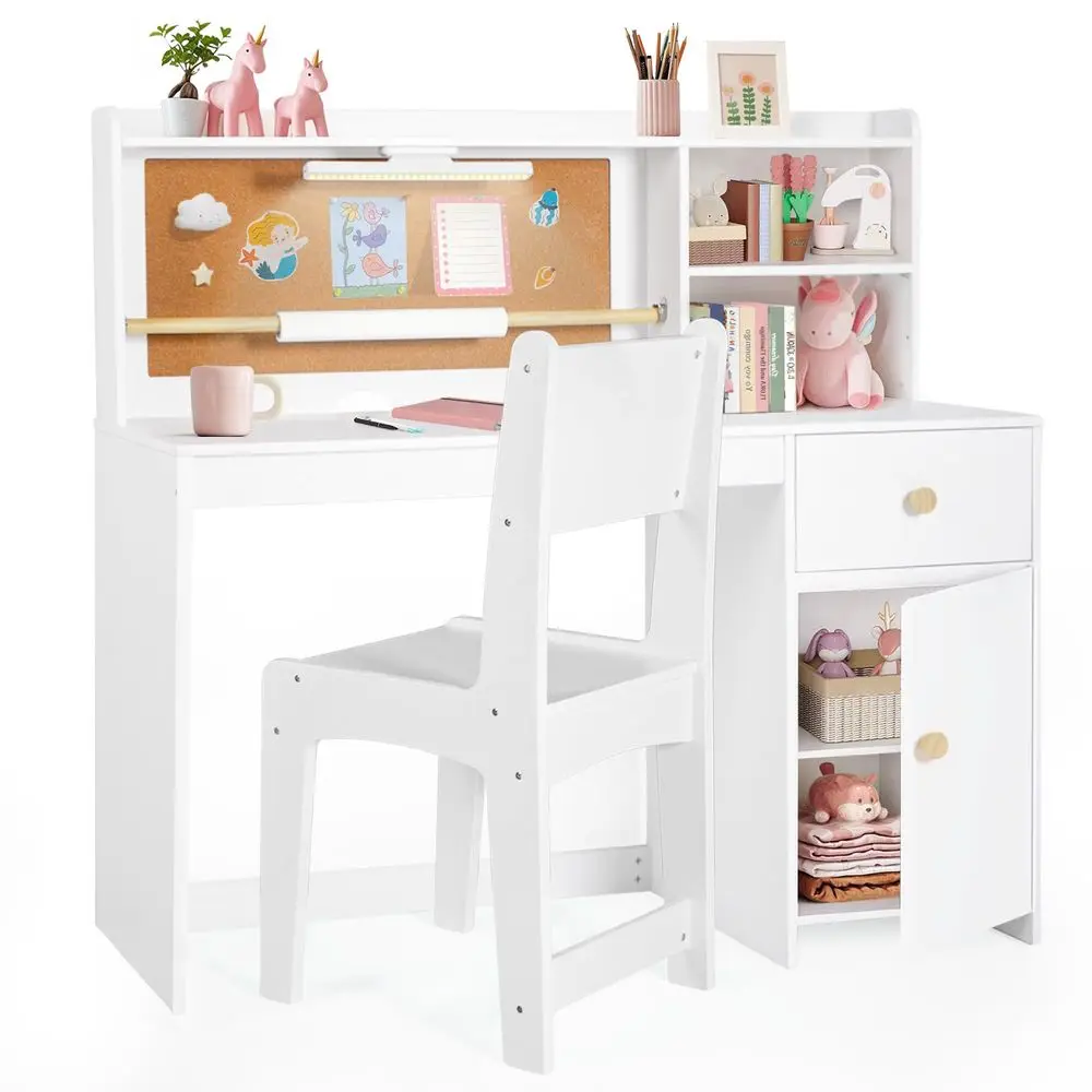 

Kids Desk and Chair Set, Kids Study Desk with Night Light Drawing Paper Roll, Hutch amp Storage Cabinet, Childs TableStudent Wr