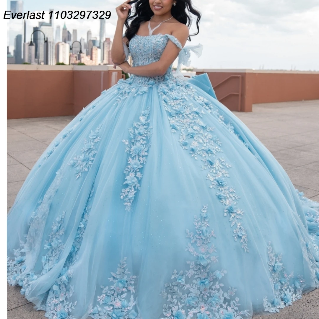 EVLAST-Vestido Quinceanera Azul Brilho, Aplique Floral 3D, Espartilho De Arco De Cristal, Vestido De Baile Doce 16, TQD447