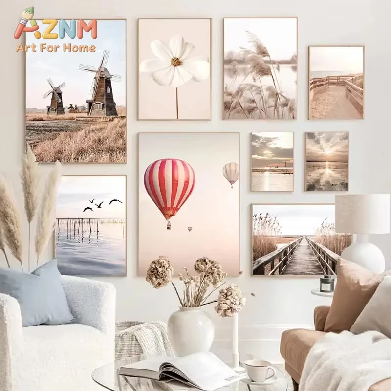 1PC Beige Landscape Wall Art Poster Bike Hot Air Balloon Pictures Orchid Dandelion Canvas Painting Nordic Prints Home Decor