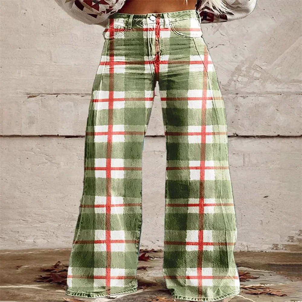 

Spring and autumn new green checkered jeans, 2026 women's casual wide leg mid waist retro jeans