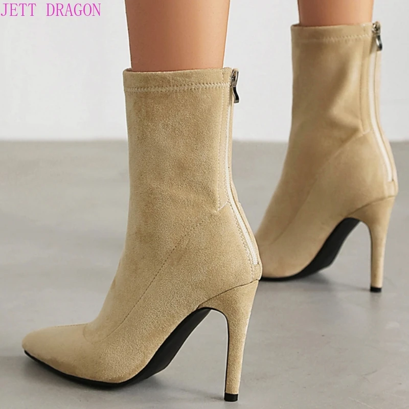 

Elegant Ankle Boots for Women Black Beige Faxu Suede Short Boot New 2024 Winter Autumn High Heels Party Shoes Lady Big Size 45