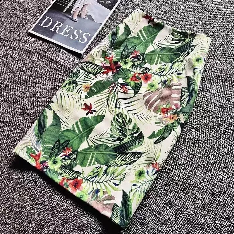 Women's Tropical Print Pencil Skirt High Waist Bodycon Midi Skirt with Leaf and Floral Pattern