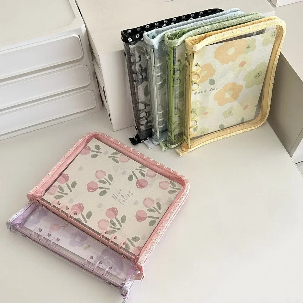 A5 Transparent 6 Holes Binder Clip Notebooks Cover Flower Loose Leaf Hand Book Cover Notebook Ring Binder  School Supplies