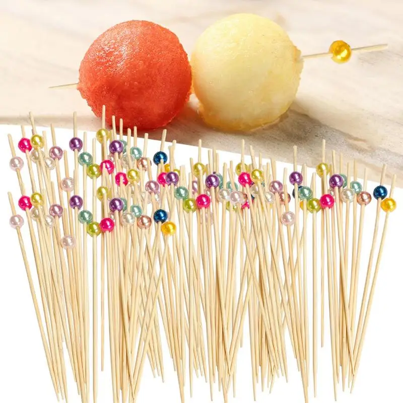 100PCS Cocktail Picks Rainbow Pearl Wooden Toothpicks Stylish Reusable Anti Slip Washable Appetizer Picks For Food Drinks Fruits