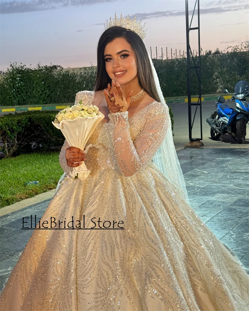 Modest Ivory Wedding Dresses For Brides 2025 Sequin Bridal Gowns Long Sleeves Luxury Arabic Dubai Vestido De Noiva Customized