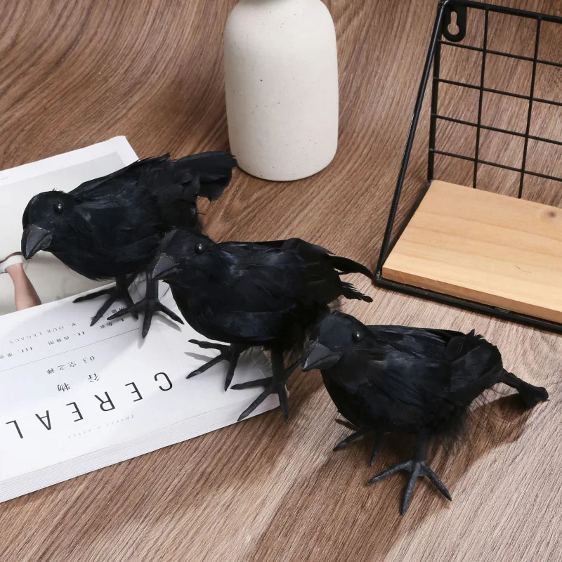 LUSQI Black Velvet Flocking Realistic Crow Decoration Halloween Party Table Prop Gothic Spooky Decoration Ornament
