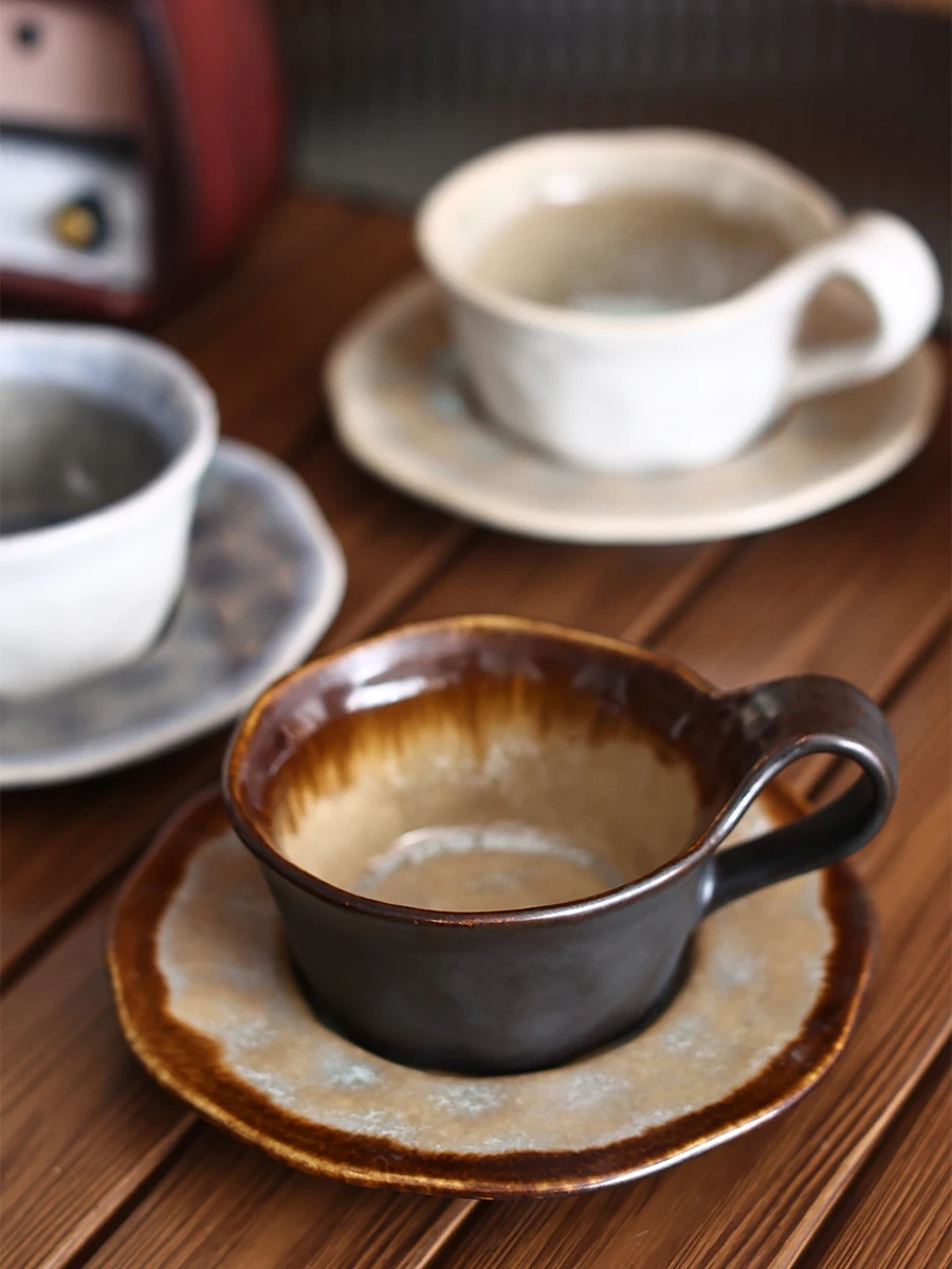 200ml Retro Coffee Ceramic Cup Saucer Sets Kiln Transformation Ice Cracking Glazed Flower Cup Middle Chinese Tea Cup Plate Set