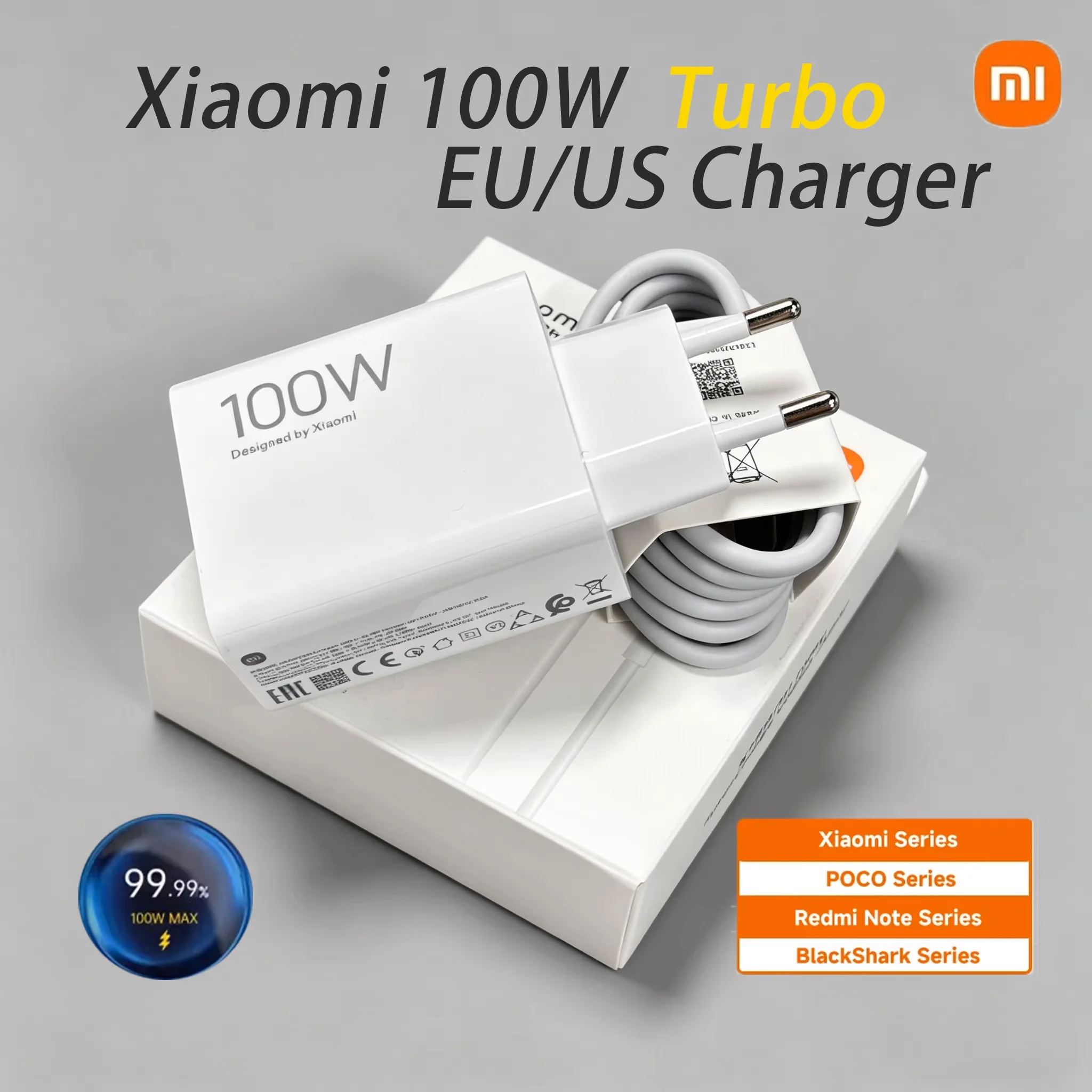 Carregador Original Xiaomi 100W Turbo Super Rápido com Adaptador EU e Cabo Tipo C para Mi 15, 13T, 12S, Redmi Note 14