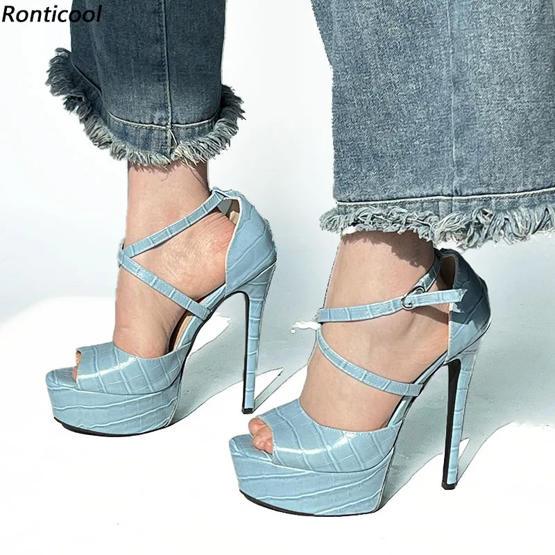 

Ronticool Handmade Women Ankle Strap Sandals Sexy Snake Stiletto Heels Peep Toe Light Blue Party Shoes US Plus Size 5-20