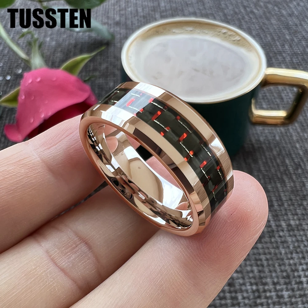 Dropshipping TUSSTEN 6/8MM Men Women Tungsten Wedding Band Black Red Carbon Fiber Inlay Shiny Bevel Edges Comfort Fit