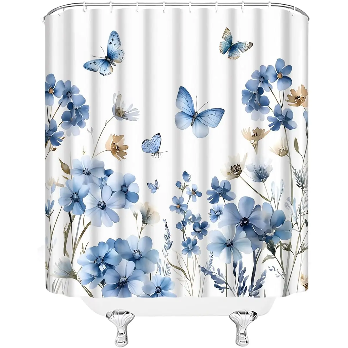 

Vintage watercolor blue floral shower curtain in soft blue white brown pastel tones easy care trendy style Simple Installation