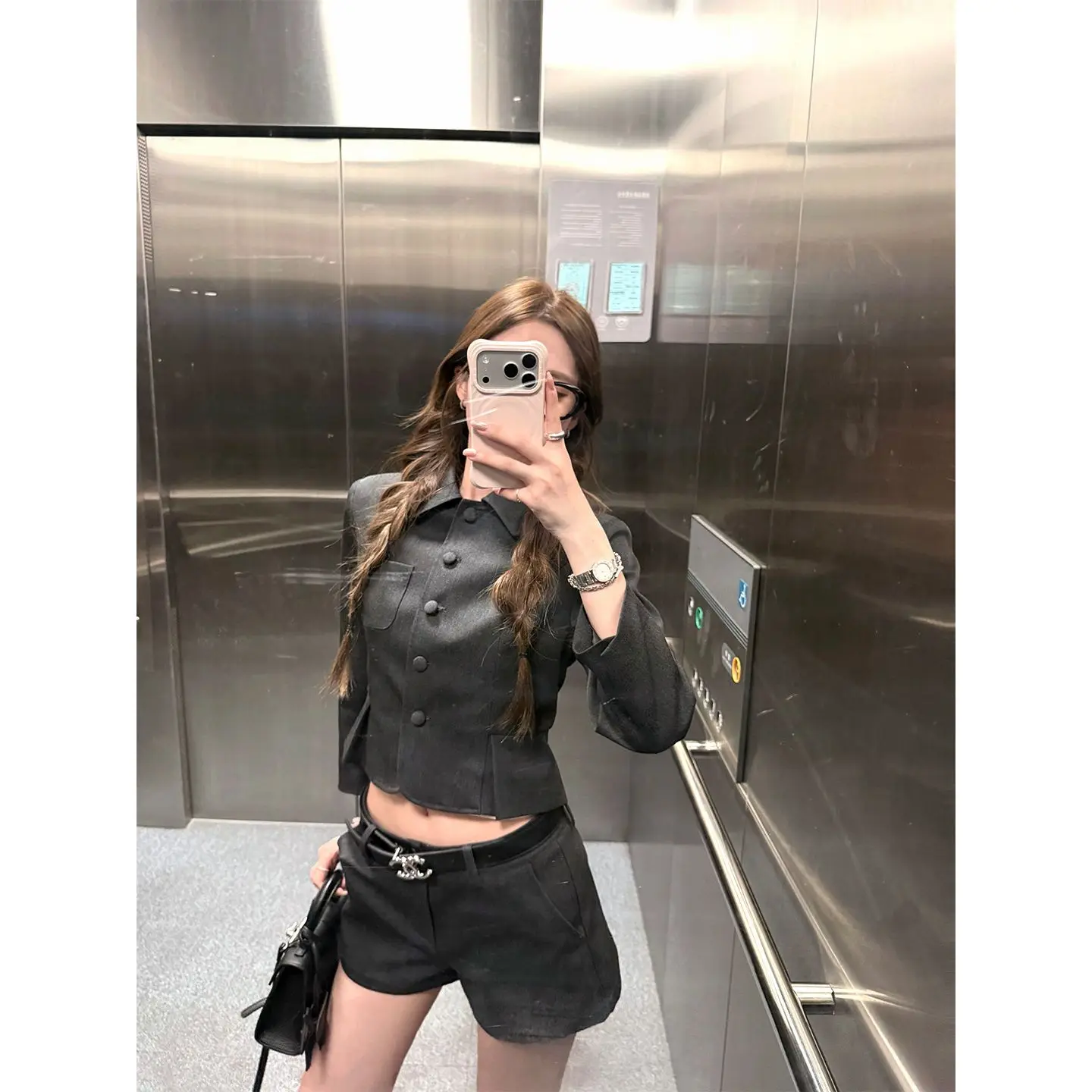 American Spice Girl Style Lapel Short Long Sleeve Top Women's Summer Loose Versatile Shorts Fashion Suit