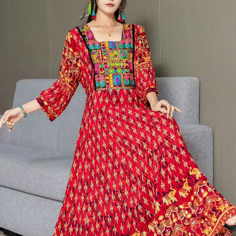 Summer Fashion Temperament Indian Nepalese Thai Ethnic Style Dress Yunnan Xinjiang Qinghai Sanya Tourism Waist Slimming Dress