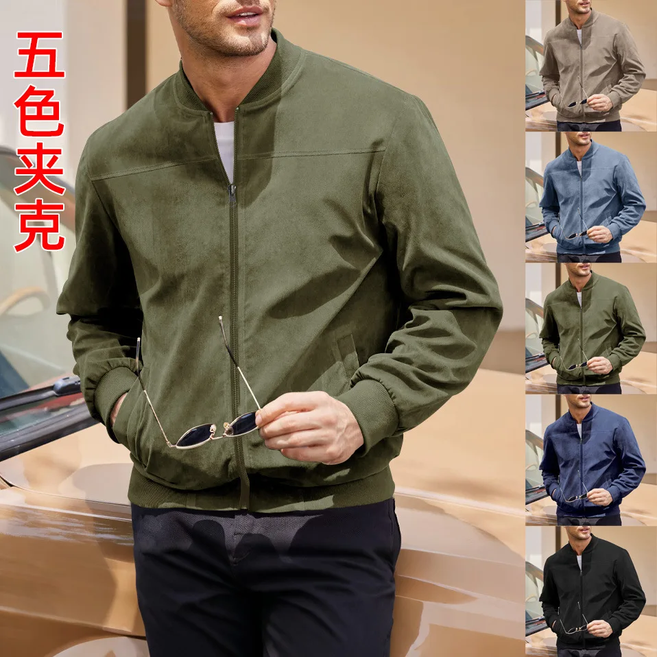 

Men Solid Suede Stand Collar Zip Jacket, Plus Size Midweight Long Sleeve Coat Casual Sport Daily Outerwear