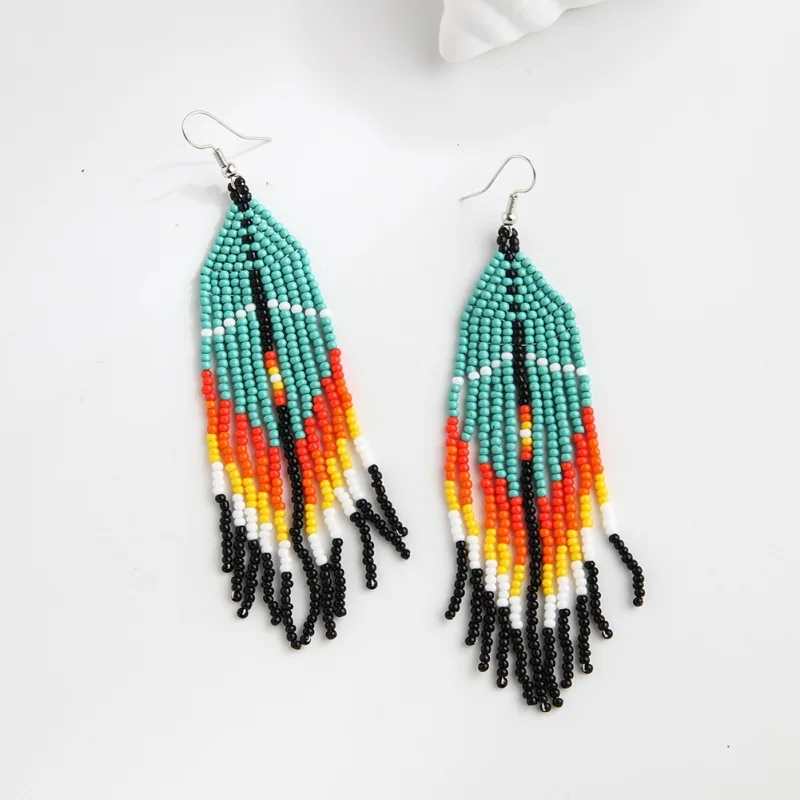 Beaded earrings Tassel Design Bohemia Gradient Arrow Originality Hand knitting Alloy Tide Simple Rice bead earrings