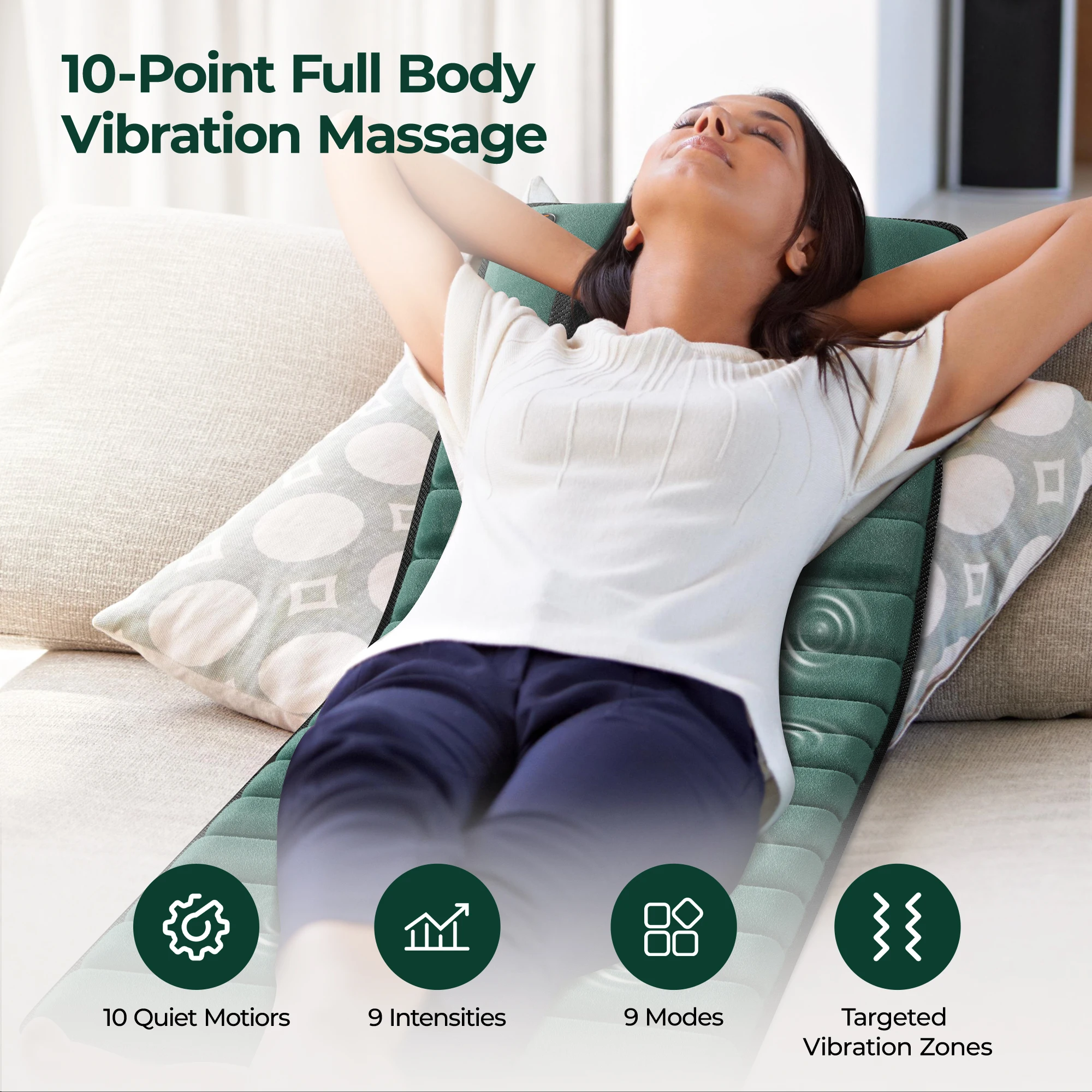 Heated Full Body Massage Mat with Detachable Pad, 10 Deep Vibration Motors for Back Pain Relief, Soothing Cushion for Bed Chair & Sofa view 4