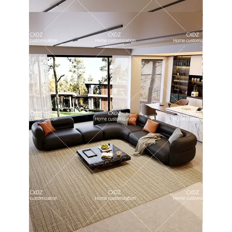 Curved Black Leather Sofa Large Living Room High End Light Luxury Villa Horizontal Hall Bobo Ball Corner Sofa Combination