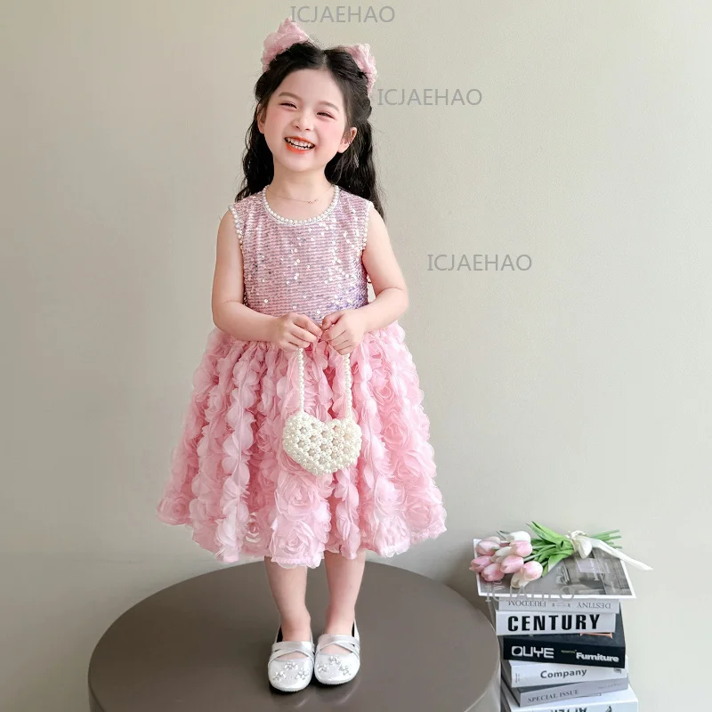 2026 Children Girls Dress 3D Pink Rose Sweet Tutu Princess Gown Kids First Birthday Formal Baby Flower Girl Pageant Costume