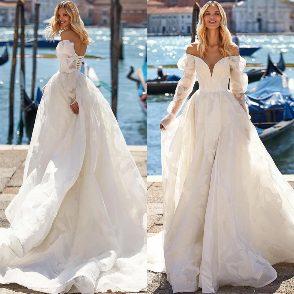 

Customized Elegant White Organza Wedding Dress Simple Strapless Off the Shoulder Long Sleeves Bridal Gowns Chapel Train Dress