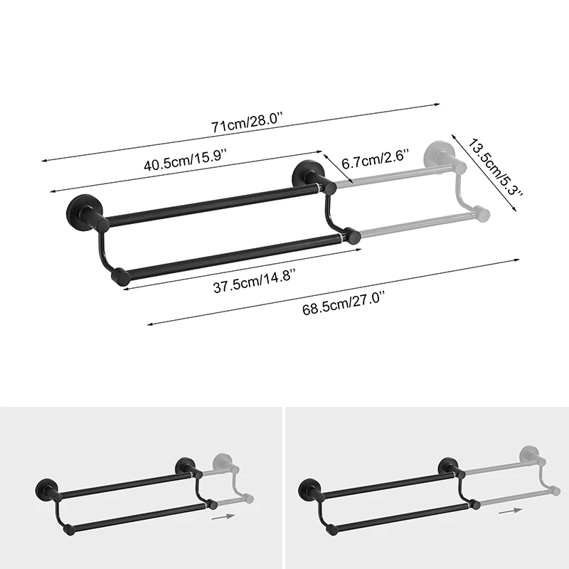 Bathroom Retractable Towel Double Bar Black, Chrome Towel Rack Extended Drying Towel Hanging Bar Gold, Nickel EL81024D