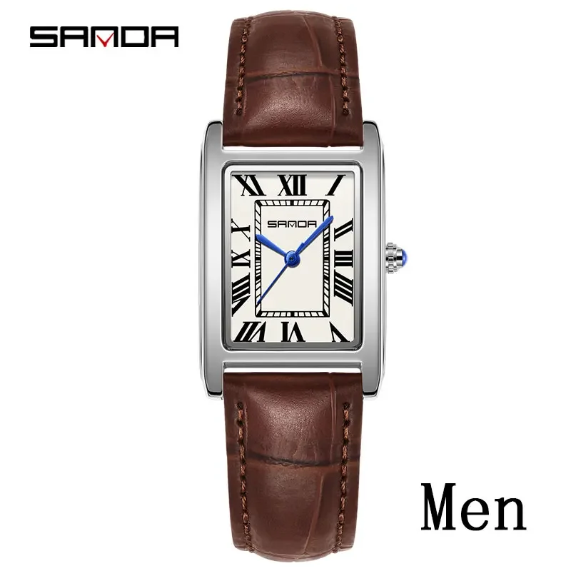SANDA Luxe Tank Paar Horloge Slijtvaste Lederen Band Vierkante Wijzerplaat Waterdichte Sport Casual Vrouwen Mannen Quartz Horloges Reloj