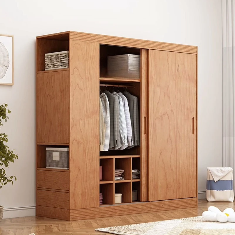 All solid wood cherry wood wardrobe, sliding door, bedroom wardrobe, Japanese-style log household sliding door storage locker
