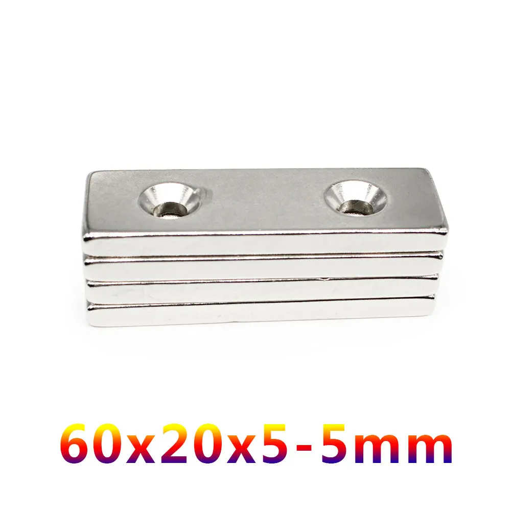 1/2/5/10PCS 60*20*5-5mm stv Papírlap szuper Hatalmas Erős magnets holes 5mm N35 Eltömít Rare Föld Neodímium Mágnes 60x20x5-5mm