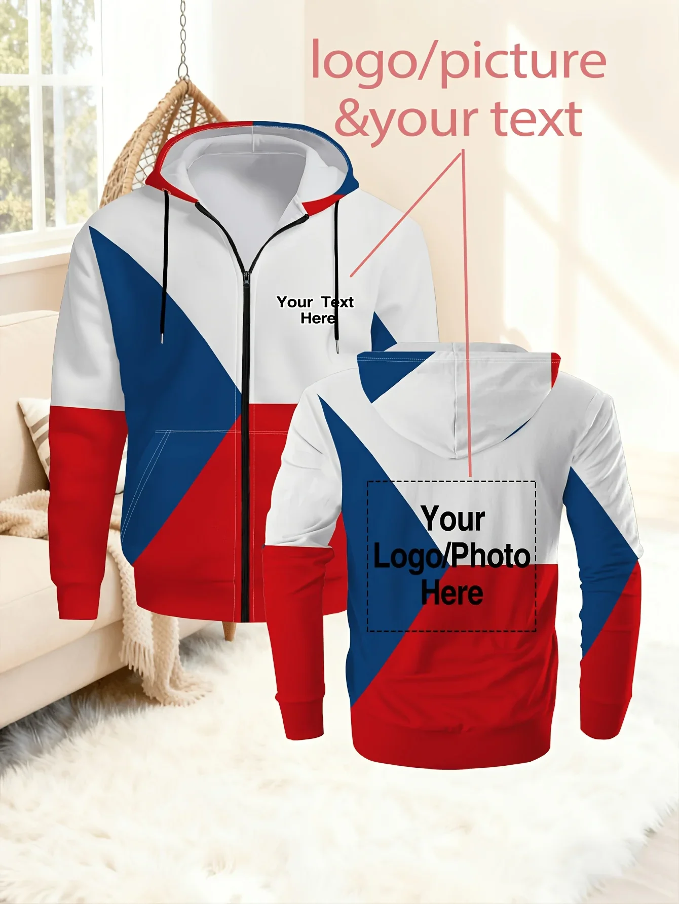 German National Flag Customizable Zip Hoodie For Men Support DIY Custom Text Logo Print Soft Polyester Loose Daily Outer Coat