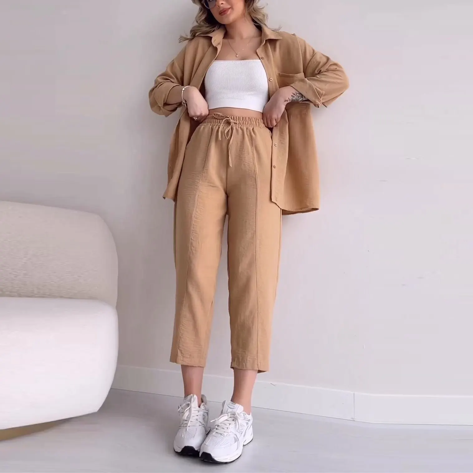 

Loose Pyjamas Set for Women Casual Lapel Long-sleeved Shirt Sports Harem Pants Two-piece Autumn Home Suit Sleepwear Lingerie New