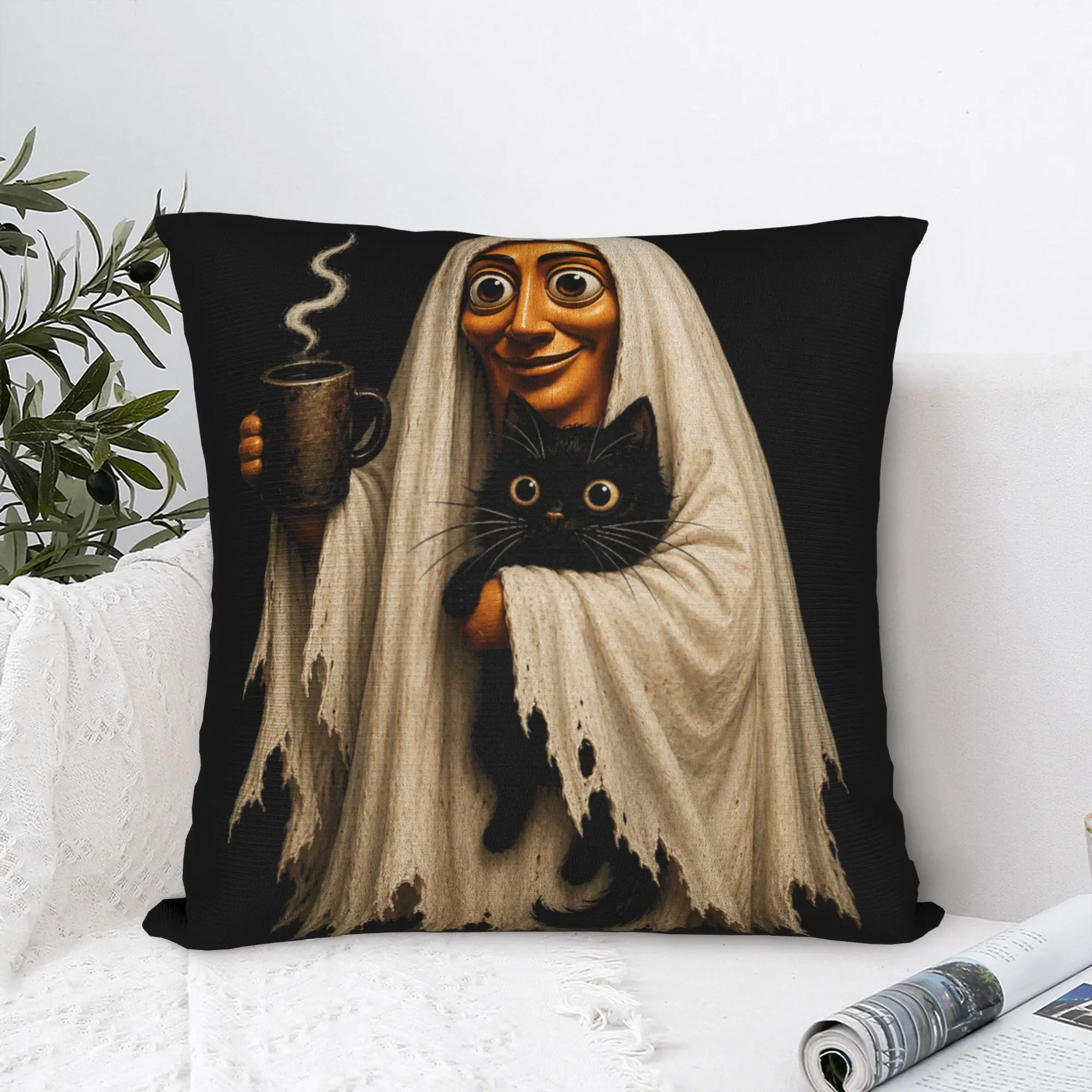 Pillow Cover Tung Tung Tung Sahur Halloween Ghost Black Cat Meme  Funny Pillow Case For Sofa Couch Bed Living Room Pillowcases
