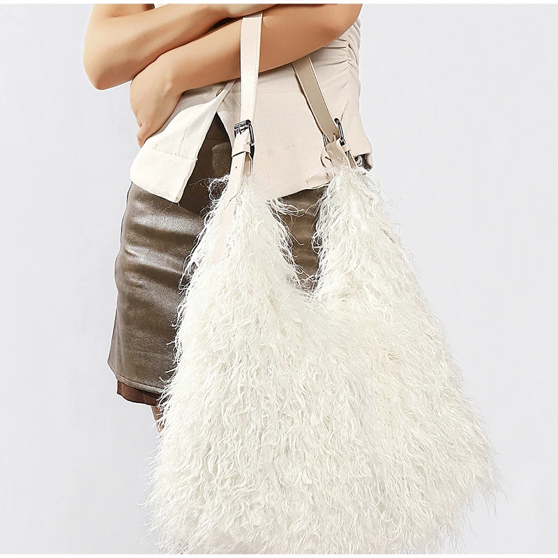 Lange, lockige, flauschige Plüsch-Umhängetasche, Y2k-Mädchenmode, große Damen-Winterhandtasche, einfarbige Tragetasche – Detail 3