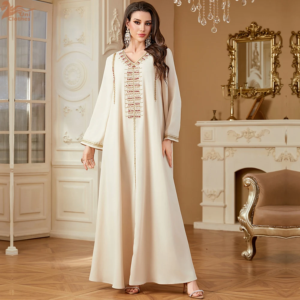 

Muslim Elegant Embroidery Women Evening Dress Abayas Morocco Beading V-Neck Stylish Kaftan Women's Clothing