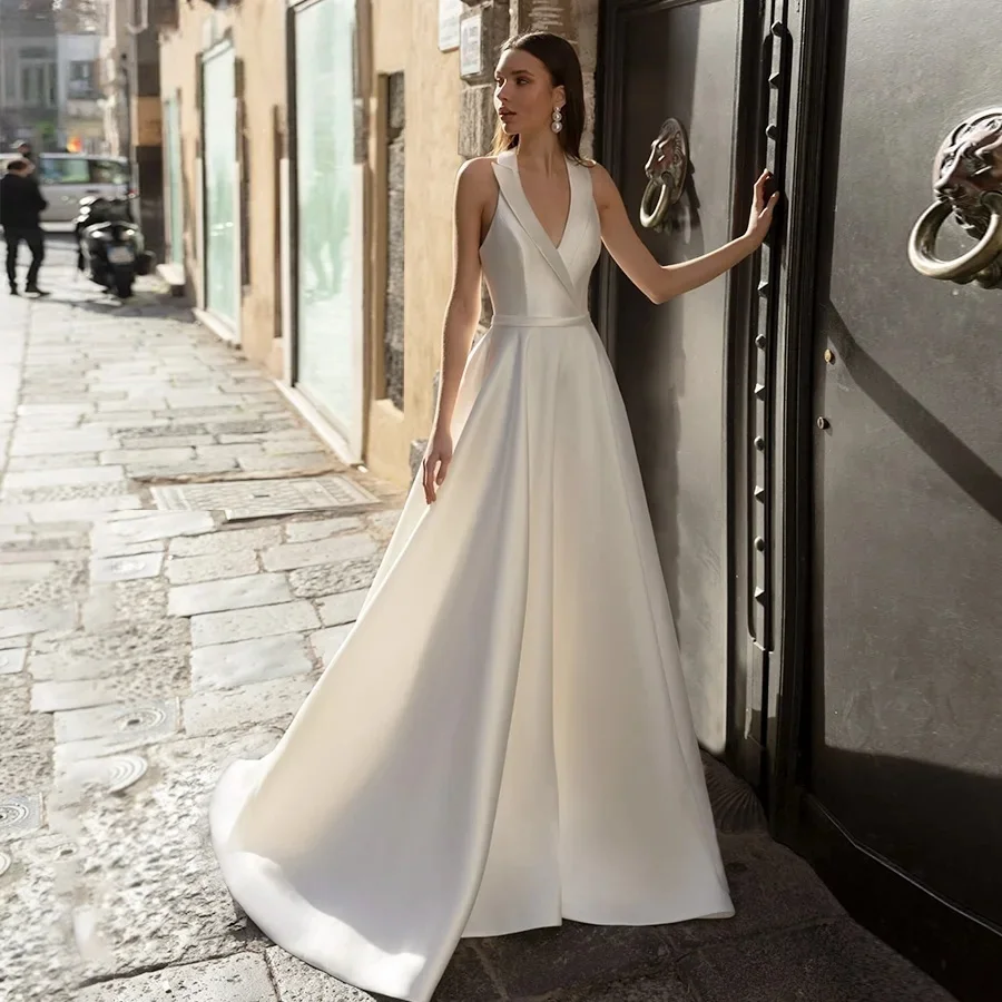 Boho Brautkleider A-Linie V-Ausschnitt Satin Strand Dubai Saudi-Arabien Israel Brautkleider Vestido De Novia Maßgeschneidert