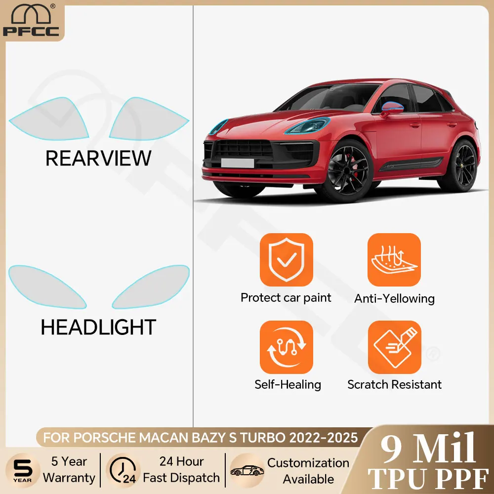 

For Porsche Macan Base S Turbo 2022-2024 Pre-cut PPF Headlight Rearview TPU Paint Protection Film Clear Kit Anti-scratch Bra